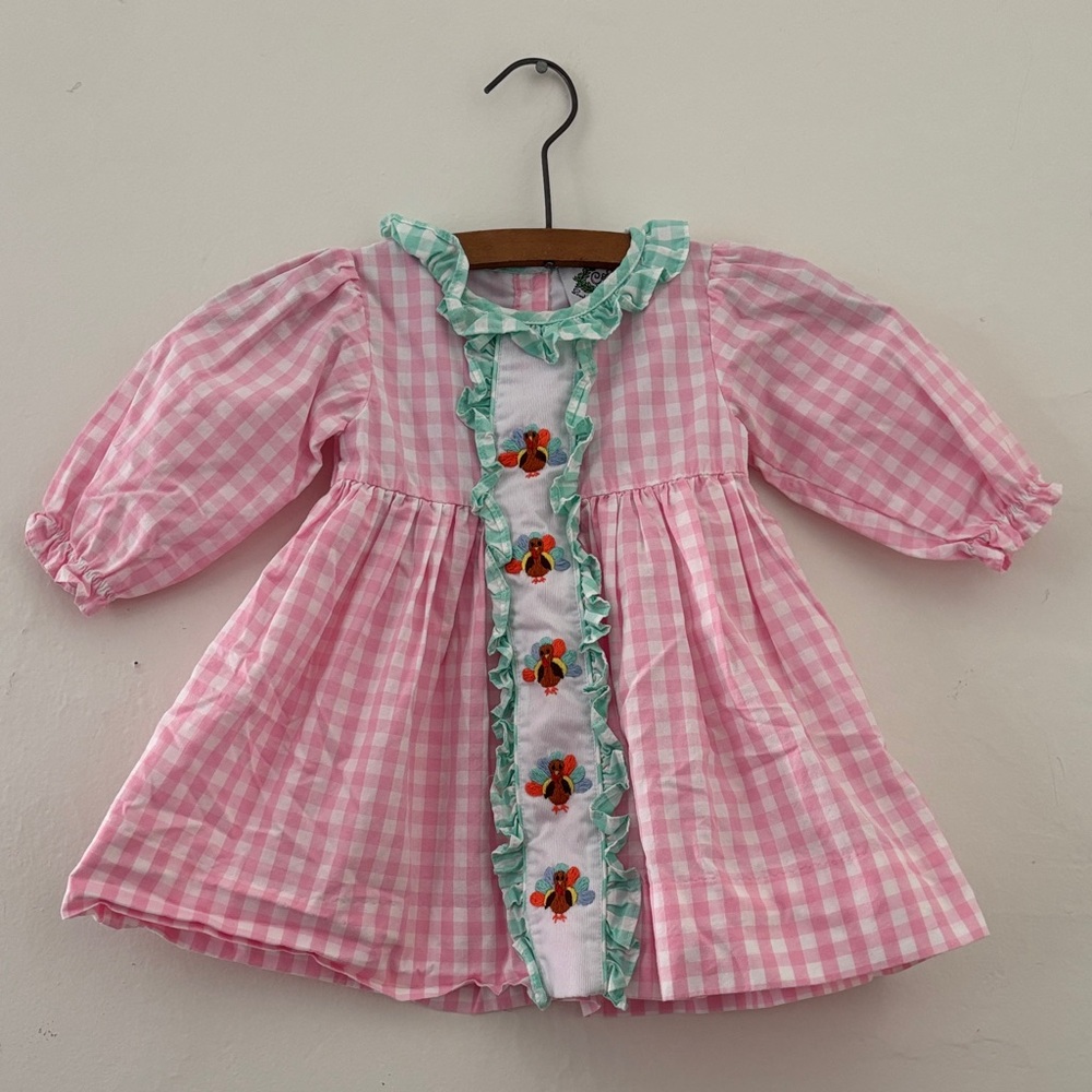 Smocked Pink Gingham Baby Dress with Turkeys